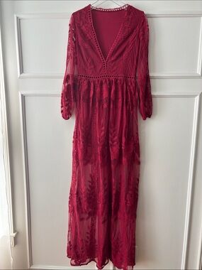 Women’s Red Lace Maxi Dress - V-Neck Long Sleeve